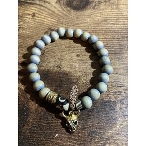 CFC Gray Elastic Triple Protection Bracelet Skull & Feather Charms Boho Jewelry